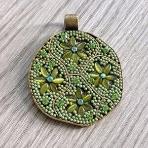 Boho Floral Pendant Mosaic Style Olive Green Glass & Crystal Flower Medallion